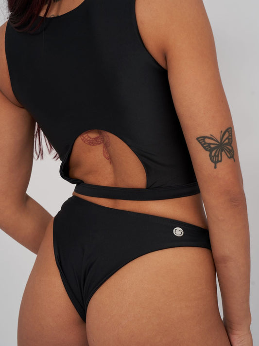 Black low waist polewear bottoms with snug fit, Adrienne Low Waist Bottoms and Keyhole Cut Out Top by Poler Bare Boutique